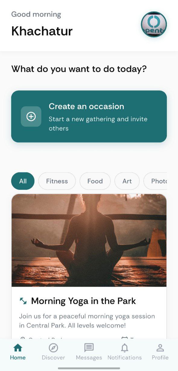 OpenTo Home Screen - Discover activities and create occasions